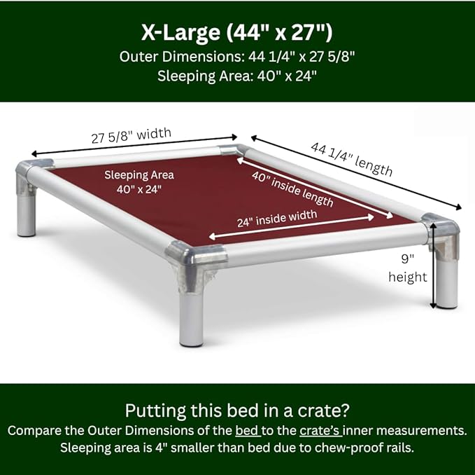 Kuranda Chewproof Elevated Dog Bed - Silver Aluminum - 44" x 27" - Heavy Duty Vinyl - Burgundy