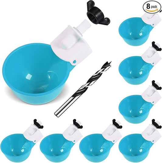 Chicken Waterer Cups (8 Pack/Light Blue) - DIY Automatic Large Chicken Water Feeder for Ducks,Chicks, Turkeys, Quail, Bunny, Bird and Other Various Poultry Dispenser with Matching Drill
