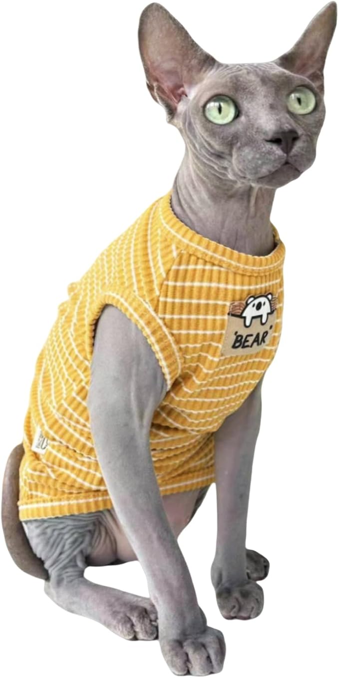 Ginger Stripe Sphynx Cat Vest Clothes for Hairless Cat T-Shirt Apparel | Sleeveless, Rib Knit, Thin for Summer, Cotton Blend