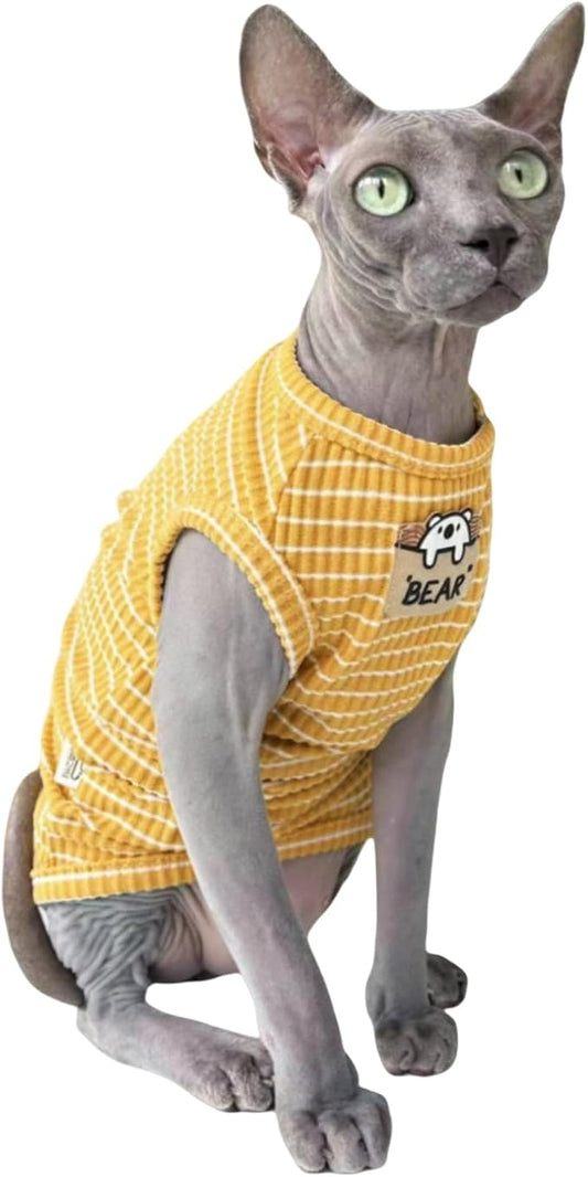 Ginger Stripe Sphynx Cat Vest Clothes for Hairless Cat T-Shirt Apparel | Sleeveless, Rib Knit, Thin for Summer, Cotton Blend
