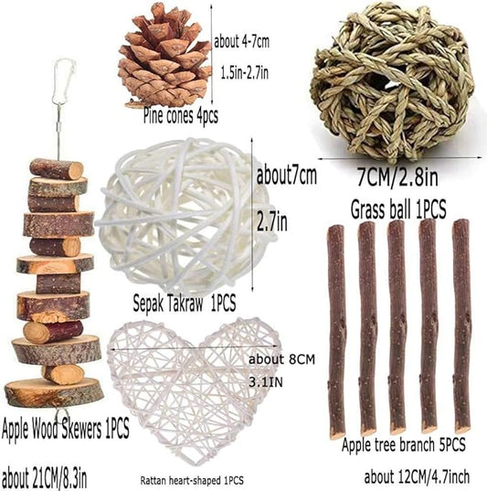 ANDES Rabbit Chew Toys, Pet Bunny Tooth Chew Toys Organic Natural Apple Wood Grass Cake Ideal for Bunny, Chinchilla, Guinea Pigs, Hamsters Teeth Grinding, Bird Exercise Molar (13PCS)