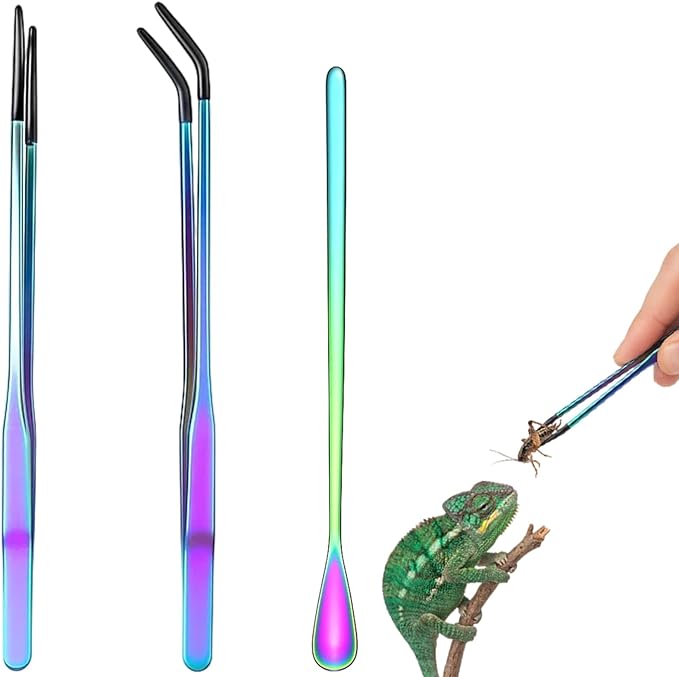 3 Pack Reptile Feeding Tongs,Stainless Steel Feeding Tongs, Aquarium Tweezers with 10.6" Straight, Curved and Spoon Tips for Easy Feeding