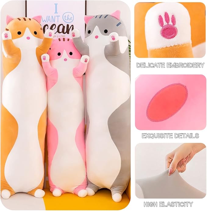 Giant Cat Pillow Plush Cartoon Kitty Sleeping Hugging Pillow, Cuddly Soft Long Kitten Body Pillow Doll Cat Cushion Toy for Kids Girlfriend (Yellow, 150cm/59inch)