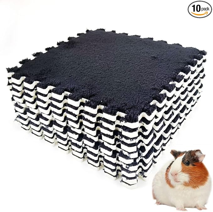 10Pcs 11” x 11” Guinea Pig Pads Washable, Reusable Guinea Pig Fleece Cage Liners, Soft Warm Rabbit Sleep Mat Blanket Bed (Black)