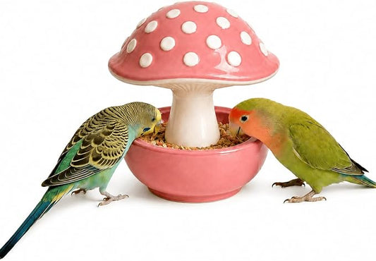 Ceramic Mushroom Bird Feeder No Mess, Spill Proof Bird Food and Water Bowl for Cage, Covered Dispenser for Parakeet, Budgie, Cockatiel, Lovebird, Hamster Accessories, 4.3" Tall
