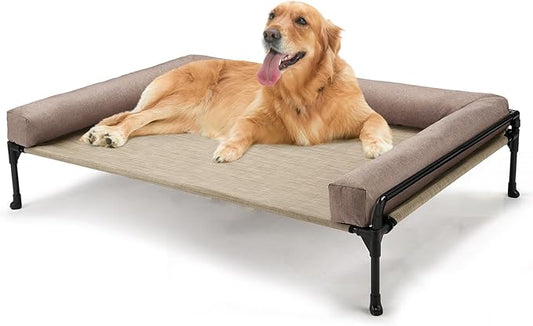 Veehoo Elevated Raised Dog Bed-Cooling Outdoor Dog Cot Bed for Large Sized Dogs Three-Sided Fence Raised Pet Cot with Mesh & No-Slip Feet Dog Hammock Bed with Removable Bolster-41 x 27" Beige Coffee