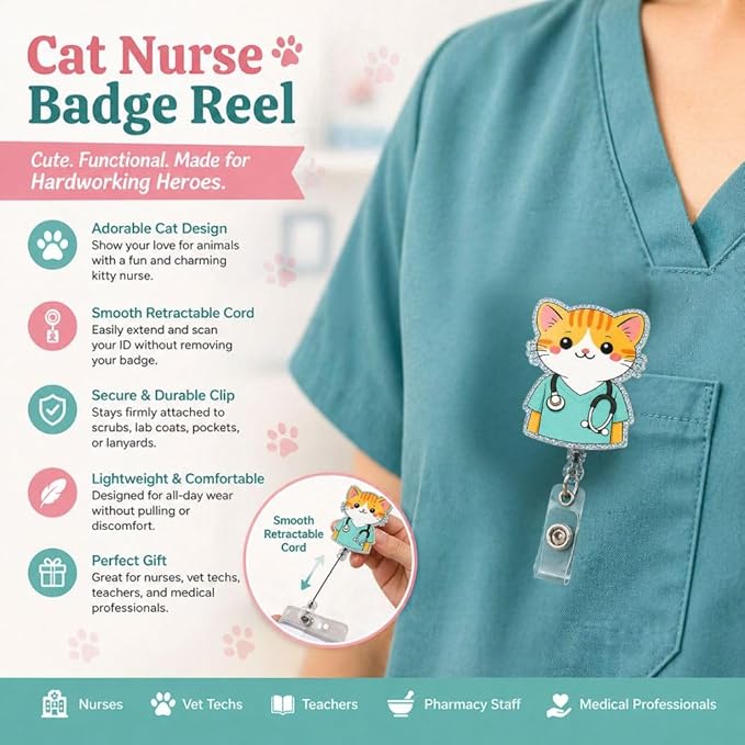 Cat Nurse Badge Reel Retractable ID Holder Cute Kitty Kitten Name Badge Clip for Men Women Teachers Nurse Nursing Vet Tech Veterinary Technician Medical Office Uniform Decorative Accessories Gifts