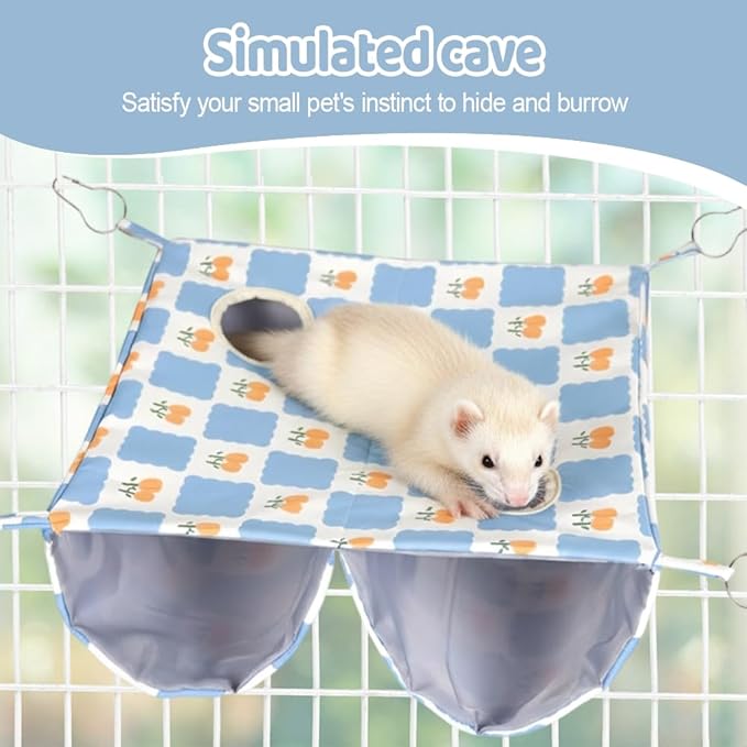 DONGKER Ferret Rat Hammock,Double-Layer Hanging Guinea Pig Tunnel Cave Includes 4 Stainless Steel Hooks for Hamster Sugar Glider Squirrel Chinchilla Playing Sleeping