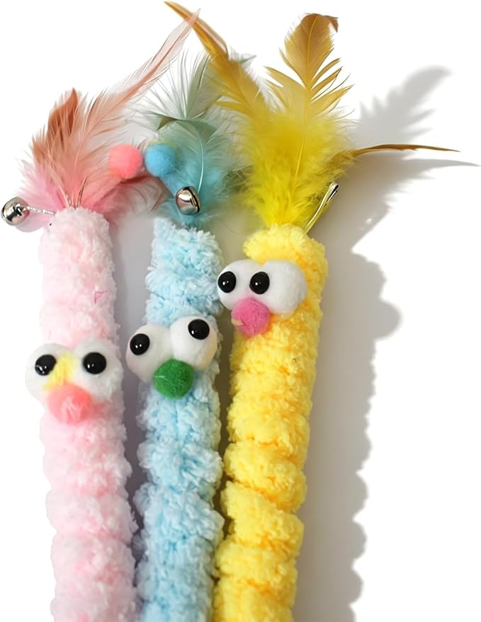 IUHKBH Cat Wand Toys, 3 PCS Cute Plush Teaser Wand with Bell & Feather Interactive Play Toy for Bored Indoor Cats and Kittens