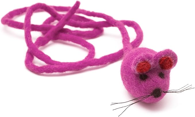 Glaciart One Felt Mouse Cat Toy – Soft Fuzzy Enrichment 100% Natural Wool - Interactive Catnip Play Cat Toy Set - Safe for Pets, Non-AZO Colored Dyes - 42” Long