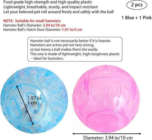 2Pcs 3.94 Inch Rotundity Hamster Balls, Breathable and Sturdy Dwarf Hamster Exercise Balls Running Wheel Gerbil Toys, Small Animals, Portable Small Pet Supplies (Blue and Pink)