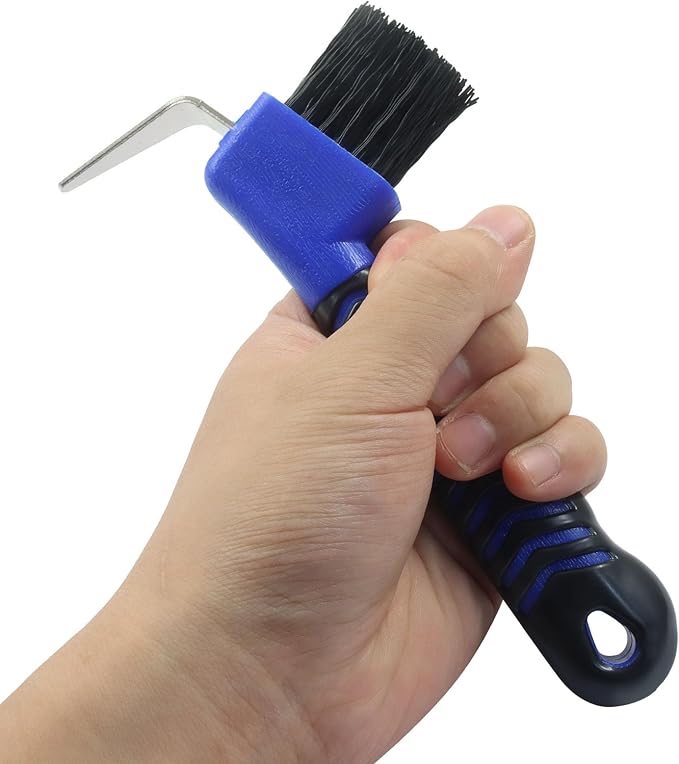 Horse Hoof Pick Brush, Soft Touch Rubber Handle Portable Hoof Pick for Horse Grooming, Cleaning (Red+Blue)