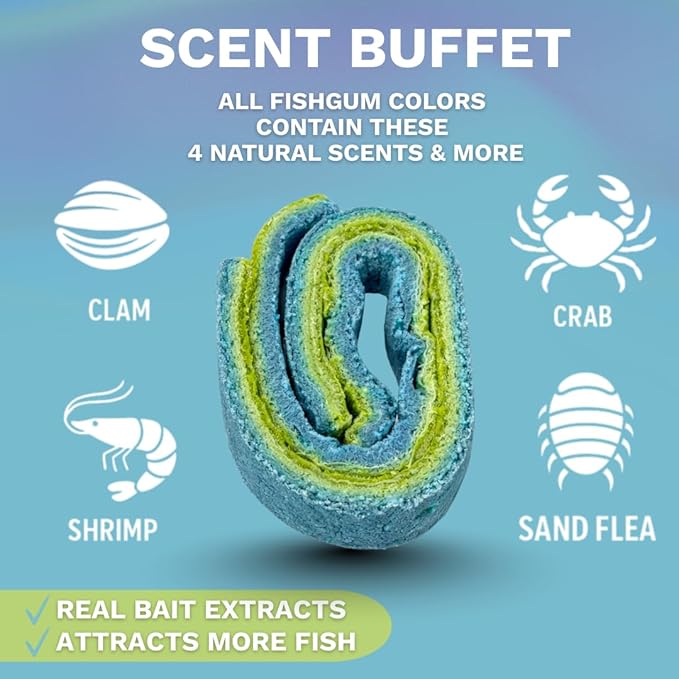 FishGum Surf Fishing Bait Strips for Saltwater Beach Fishing – Real Shrimp, Crab, Clam & Sand Flea Infused Scent – Artificial Cut Bait for Pompano, Redfish & Flounder