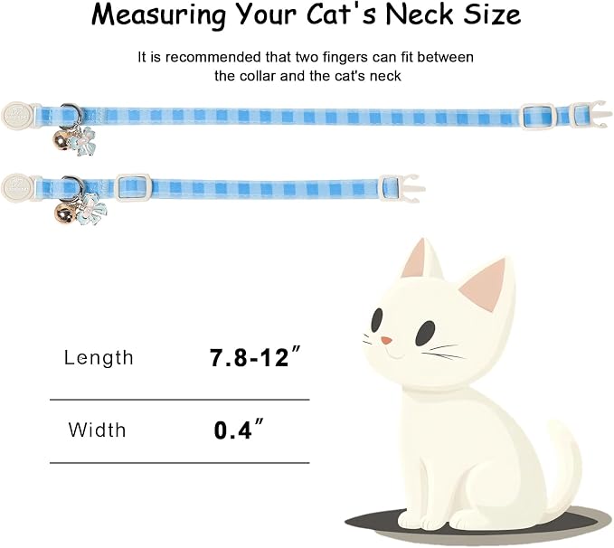 2 Pack Cute Cat Collars - Blue Plaid & Floral Breakaway Cat Collars, Adjustable Boy Girl Kitten Safety Collar for Small Dogs Puppy, Everyday Pet Collar with Bell & Pendant