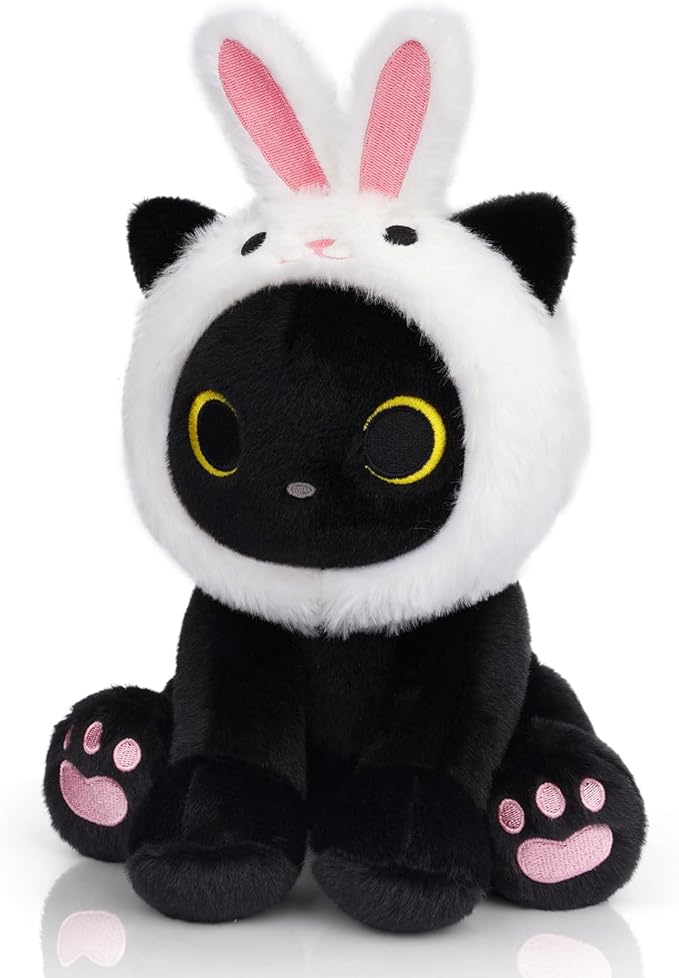 Black Cat Plush with Removable Bunny Hood, Cute Stuffed Animal Kawaii Soft Toy for Kids Toddlers, Birthday Gift for Boys Girls, Party Favors