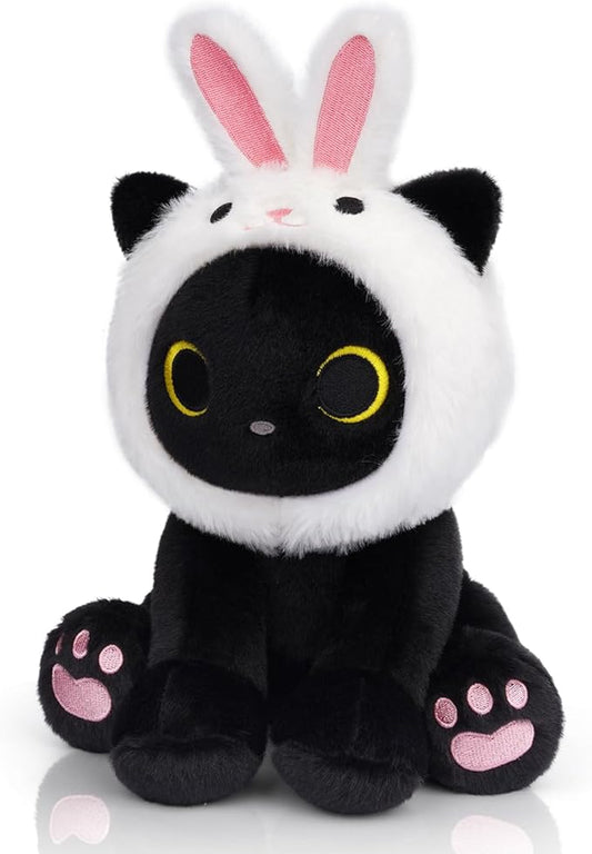 Black Cat Plush with Removable Bunny Hood, Cute Stuffed Animal Kawaii Soft Toy for Kids Toddlers, Birthday Gift for Boys Girls, Party Favors