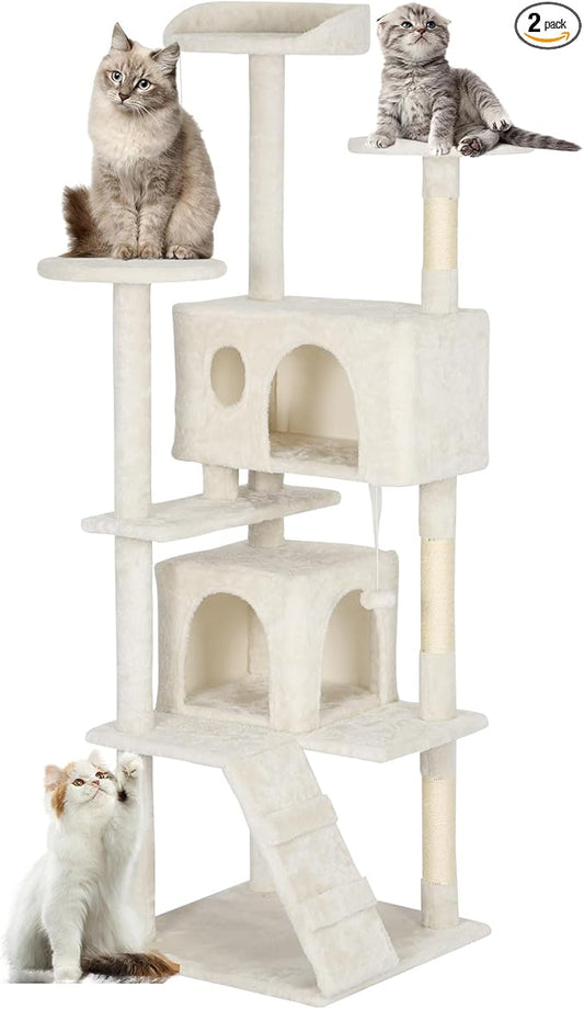 FDW | 62" Cat Tree Tower | Beige | Multi-Level Indoor Activity Center with Sisal Scratching Posts, Condos, Plush Perches, Hanging Cat Toys | Sturdy, Easy to Assemble | for Kittens & Adult Cats