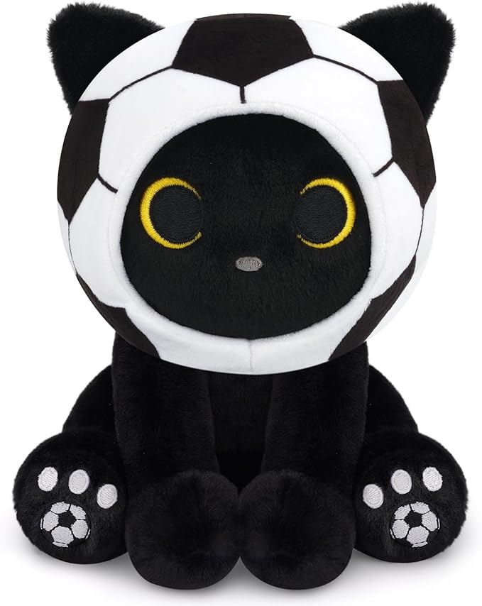 Black Cat Plush Toy - 8" Cute Stuffed Animal with Removable Soccer Ball Costume, Soccer Gift for Kids, Boys, Girls, Cat Lovers, Huggable Soft Kawaii Plushie