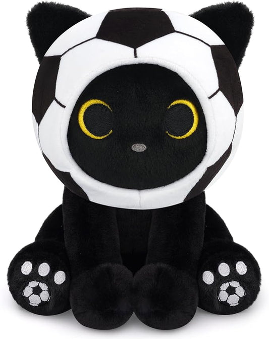 Black Cat Plush Toy - 8" Cute Stuffed Animal with Removable Soccer Ball Costume, Soccer Gift for Kids, Boys, Girls, Cat Lovers, Huggable Soft Kawaii Plushie