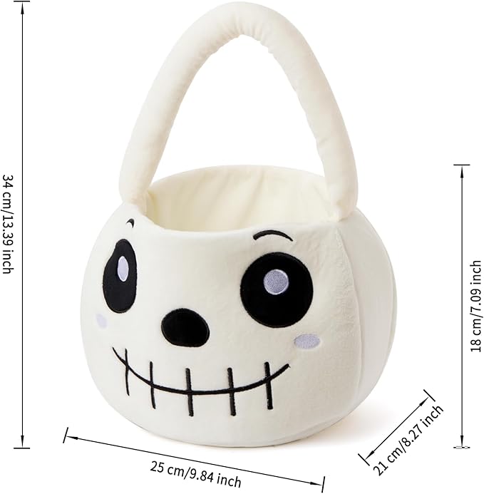 Halloween Plush Treat Basket, Halloween Candy Basket, Trick-or-Treat Bag(White Skull)