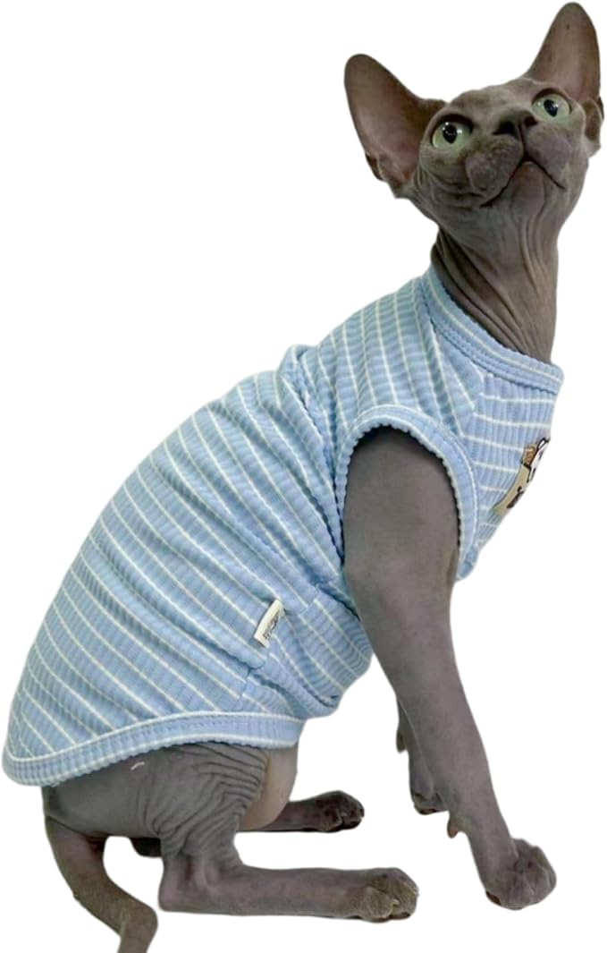 Sky Blue Stripe Sphynx Cat Vest Clothes for Hairless Cat T-Shirt Apparel | Sleeveless, Rib Knit, Thin for Summer, Cotton Blend