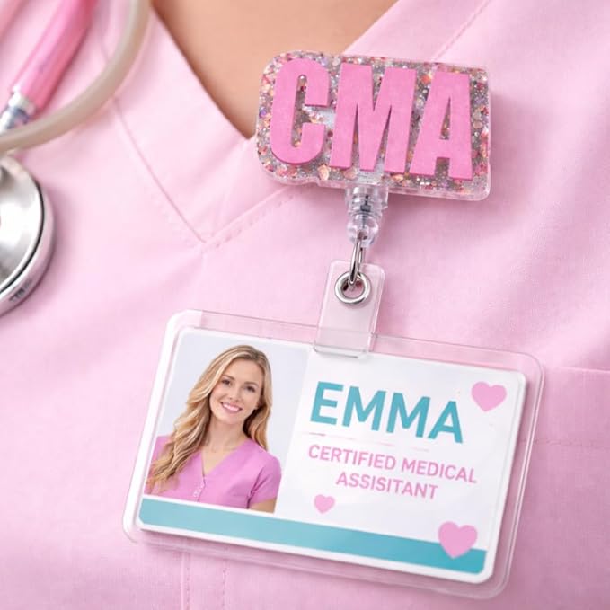 Pink CMA Badge Reel for Nurse Nursing MA CCMA Medical Assistant Women Healthcare Hospital Worker Staff Retractable ID Card Clip Holder Clinic Office Supplies Uniform Accessories Appreciation Gifts