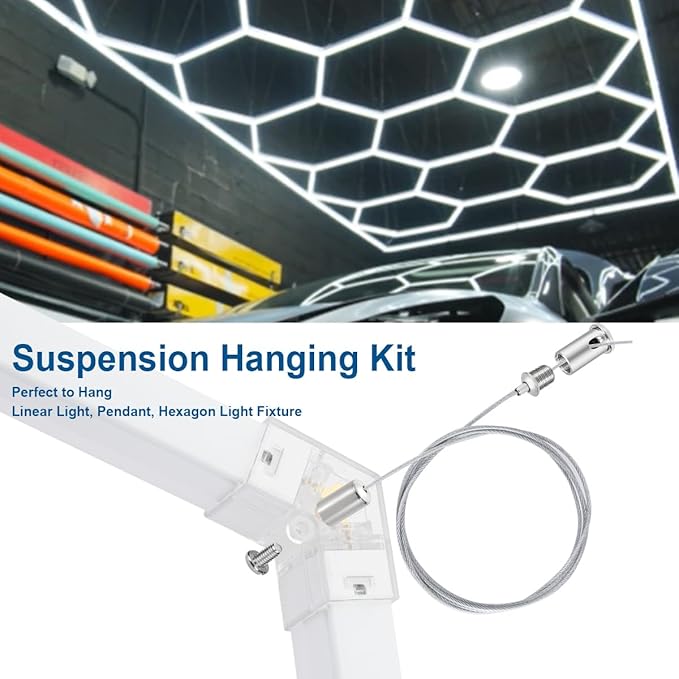 20 Sets Hexagon Light Fixture Hanging System Kit, Ceiling Hanging Wire Cable Kit, 3.28ft Aquarium Light Suspension Cables Sealed with PVC, Adjustable Hinger for Honeycomb Pendant