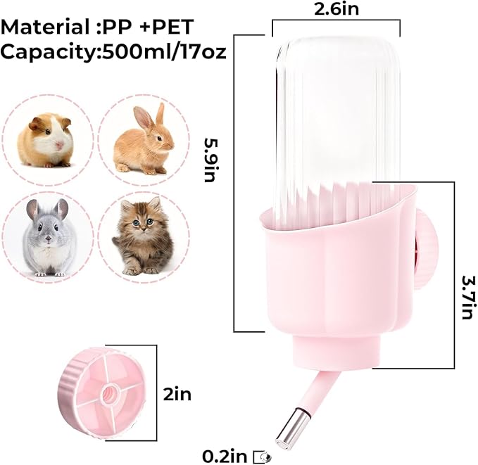 Pet Water Bottle for Cage Crate - 17oz No Drip BPA Free Water Dispenser for Small Animal Rabbit Guinea Pig Chinchilla Ferret Squirrel Hedgehog