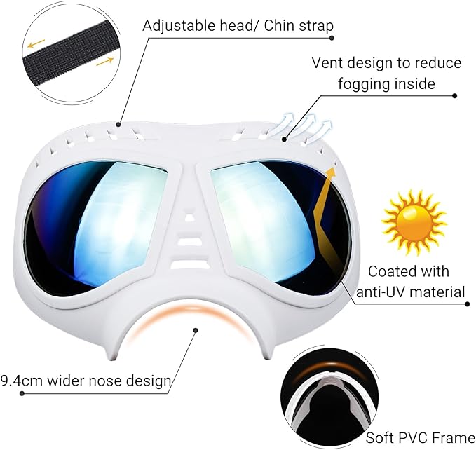 Namsan Dog Goggles for Large Dogs, Wide Snout & Soft Frame, Tactical Driving Sunglasses for Dogs Medium to Large Breed, Anti-UV Dog Eye Protection, Windproof Dustproof, Adjustable, White