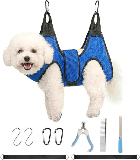 Dog Grooming Hammock Harness, Hanging Sling Restraint for Nail Clipping Small to Medium Dogs & Cats, with Nail Clipper and Comb Pet Grooming Hammock Kit-Medium