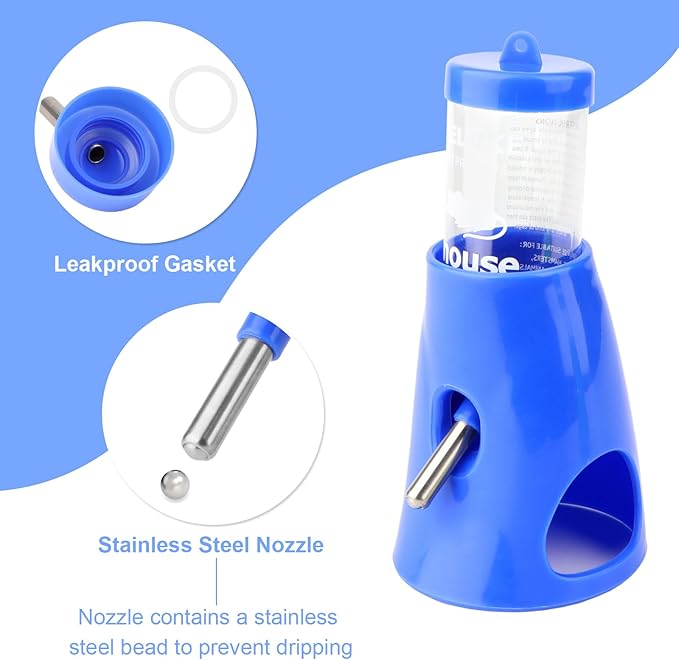 Hypeety Hamster Water Bottle with Base Hamster Automatic Water Dispenser Cage Accessories for Dwarf Hamster Mouse Rat Hedgehog Guinea Pig 80ML (Blue, 80ml)