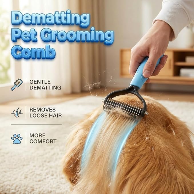 Pet Pro Grooming Tool, 2026 New Double-Sided Pet Grooming Brush, Multi-Functional Pet Brush, Portable Shedding Rake for Home Use, Professional Groomers (Blue, Medium)