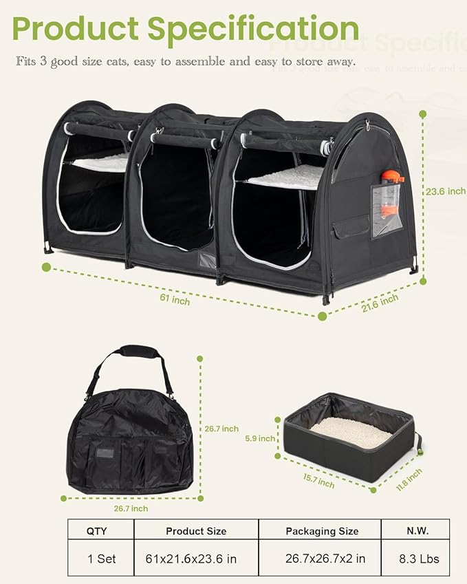 Portable Three Compartment Show House Cat Cage Condo - Easy to Fold & Carry Kennel - Comfy Puppy Home & Dog Travel Crate with Portable Carry Bag,2 Hammocks,3 Mats and Collapsible Litter Boxs