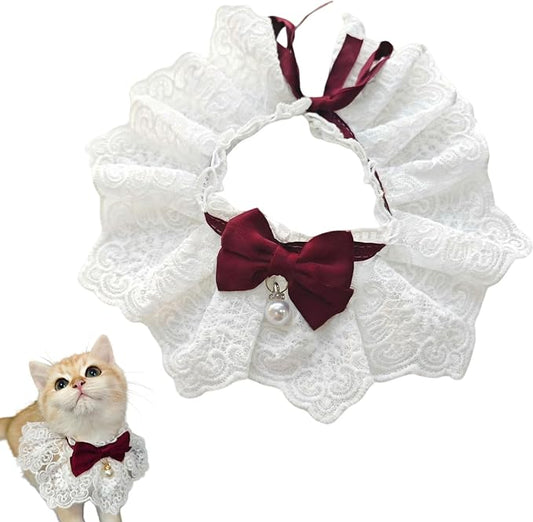 Elegant Lace Cat Collar with Cute Bow,Cat Collar with Bow Tie,Pet Lace Bib Collar with Cute Bow,Cat Princess Costumes,Crimson,1 Piece ﻿