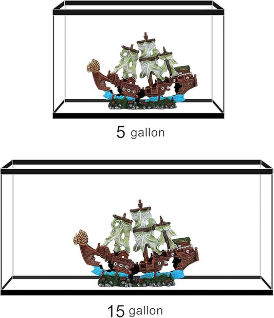 UNEAK - Shipwreck Aquarium Decorations Pirate Ship Ornament w/Sail (2 Pieces) 5 Gallons and Larger Fish Tank, Sunken Ship Decoration Ornaments, Decorative Resin Boat for Freshwater Saltwater Decor