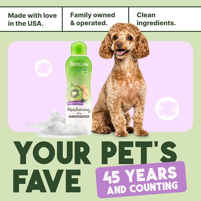 TropiClean Dog Conditioner, Easy Detangling & Moisturizing Conditioner, Puppy Safe, Made in the USA, Kiwi & Cocoa Butter Scent, 20oz.