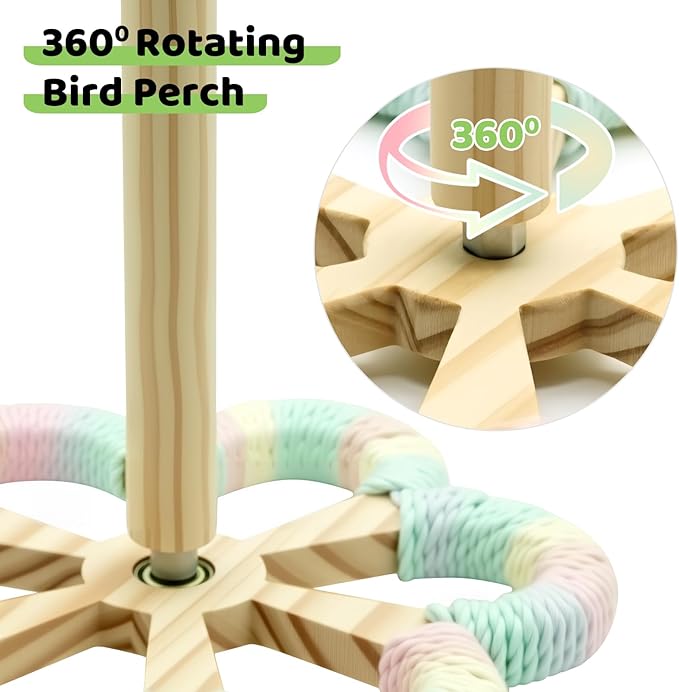 Parakeet Toys & Bird Perch - Rotating Stand with Chew Ball, Bird Cage Accessories for Small & Medium Birds Parakeets Cockatiels Lovebirds Conures Budgies (Rainbow)