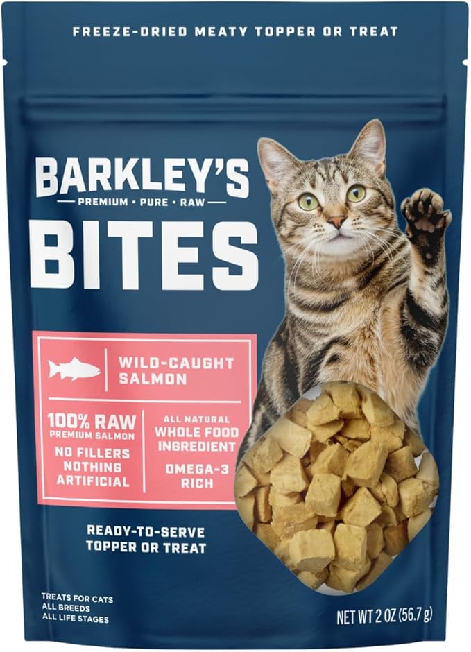Barkley’s Bag Salmon Bites, Freeze Dried Cat Treats and Food Topper, Made with Wild-Caught Salmon, Bite-Sized Whole Pieces for Training Rewards, for All Cats Breeds, Ages & Sizes, 2 Oz Bag (1 Pack)