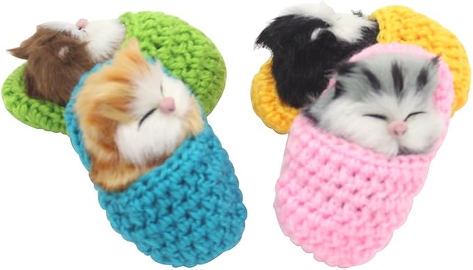 4Pcs Sleeping Cat in Slipper Doll Toy, Mini Kitten in Shoe with Meows Sounds Decor Hand Toy Gift for Kids Boys Girls