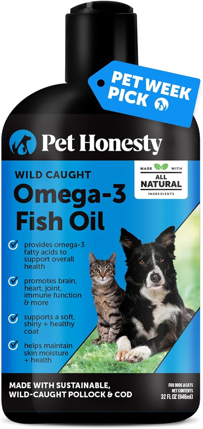 Pet Honesty Omega 3 Fish Oil Supplement for Dogs & Cats (32oz), Wild Caught Omega 3 Fish Oil for Skin and Coat Health, Supports Shedding, Skin & Coat, Immunity, Joint, Brain & Heart, EPA + DHA