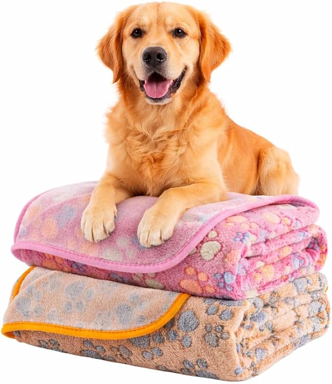 Dog Blanket 2 Pack Soft Flannel Pet Blanket for Dogs & Cats, Cozy Puppy Blanket for Couch Bed Crate, Washable Paw Print Throw 50x60 Inch Red&Brown
