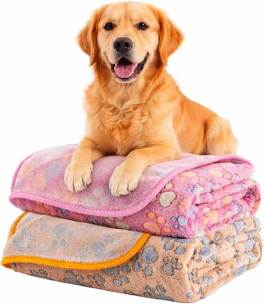 Dog Blanket 2 Pack Soft Flannel Pet Blanket for Dogs & Cats, Cozy Puppy Blanket for Couch Bed Crate, Washable Paw Print Throw 50x60 Inch Red&Brown