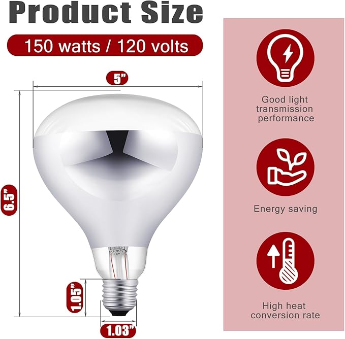 VIHOSE 4 Pack 150 Watt Heat Lamp 120v R40 Heat Lamp Bulbs Glass Incandescent Light Bulbs Incandescent Heating Lightbulbs for Reptiles Chicks Food Puppies Bathroom, Use E26 Base (Silver, Red)