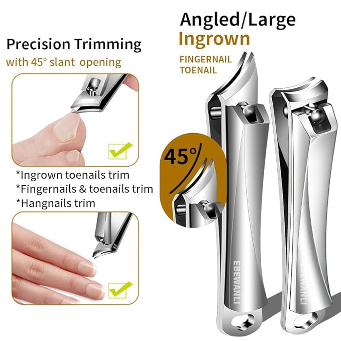 EBEWANLI Nail Clipper Set, Slanted Angled Ingrown Toenail Clipper and Curved Nail Clipper Cutters, 2Pcs Stainless Steel Finger Nail Clippers Adult