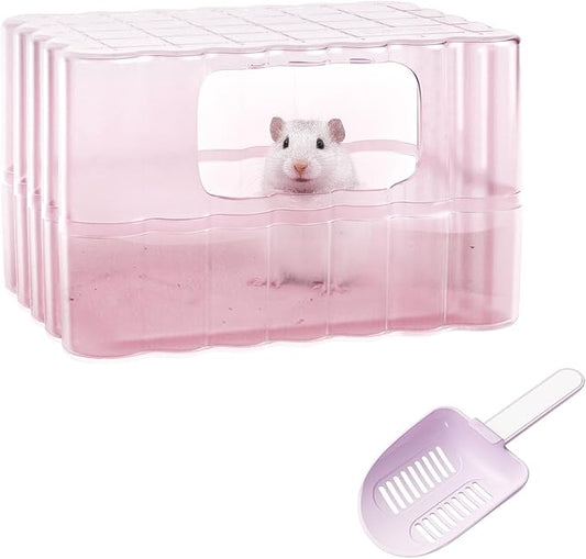 mini&moe Hamster Sand Bath Container - Small Animal Bathroom Shower Room & Corner Digging Box Toilet with Cleaning Scoop Rat Dust Bath House for Guinea Pig, Hedgehog, Squirrel