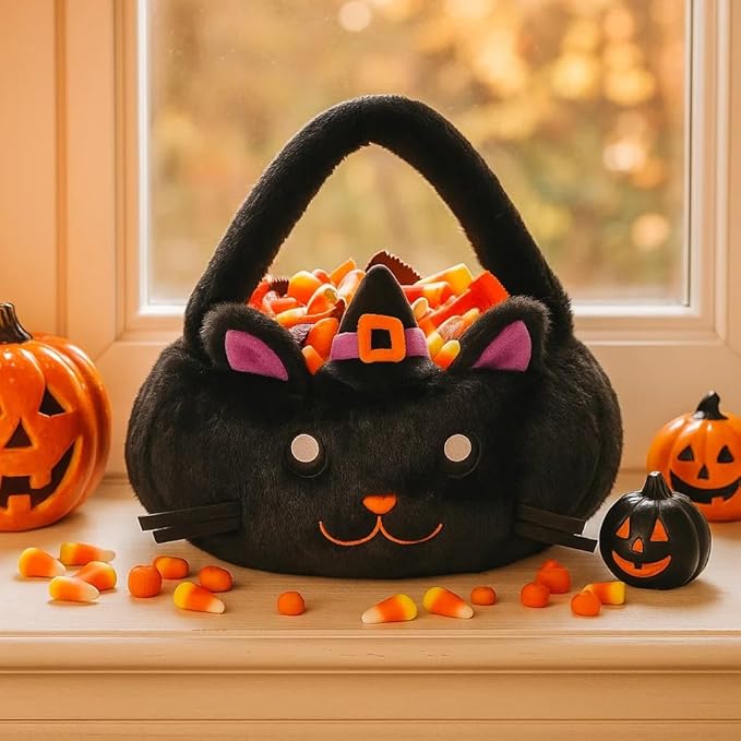 Halloween Plush Treat Basket, Halloween Candy Basket, Trick-or-Treat Bag(Black Cat Witch)