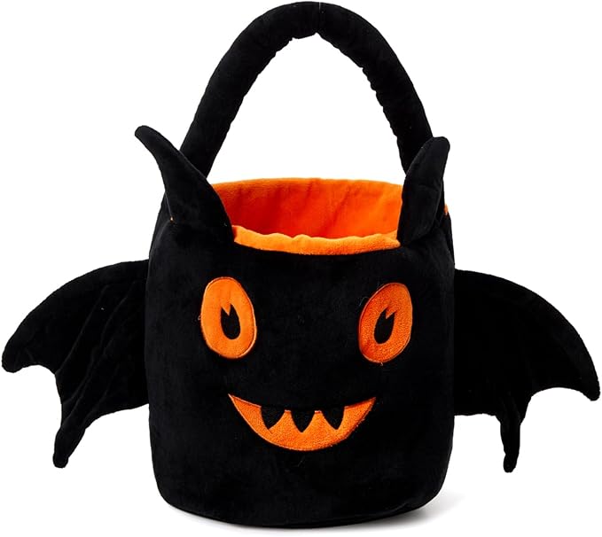 Halloween Plush Treat Basket, Halloween Candy Basket, Trick-or-Treat Bag( Black Orange Bat)