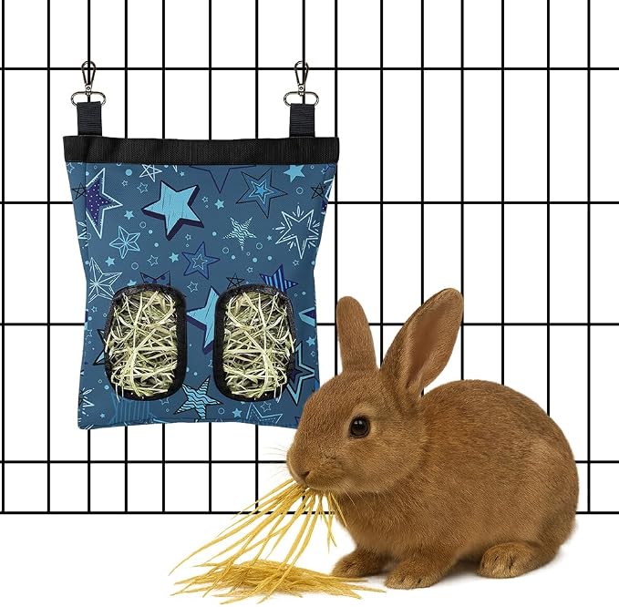WIRESTER Oxford Hanging Guinea Pig Hay Feeder 11x9 Inch, Rabbit Hay Feeding Storage Bag for Bunny Chinchilla Hamster with Back Hooks, 2 Holes - Multi-Stars Pattern