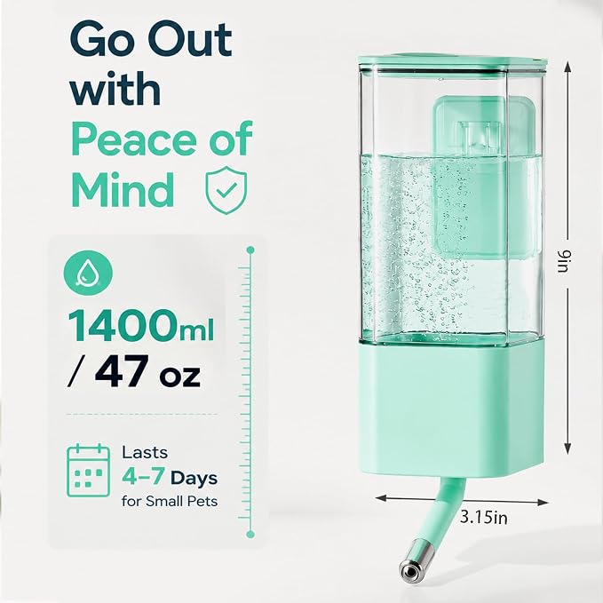 47OZ No-Drip Small Animal Water Bottle, Large Capacity Leakproof Hanging Pet Water Dispenser for Cage Crate, Water Feeder for Guinea Pig, Hamster, Rabbit, Ferret, Chinchilla (Green)