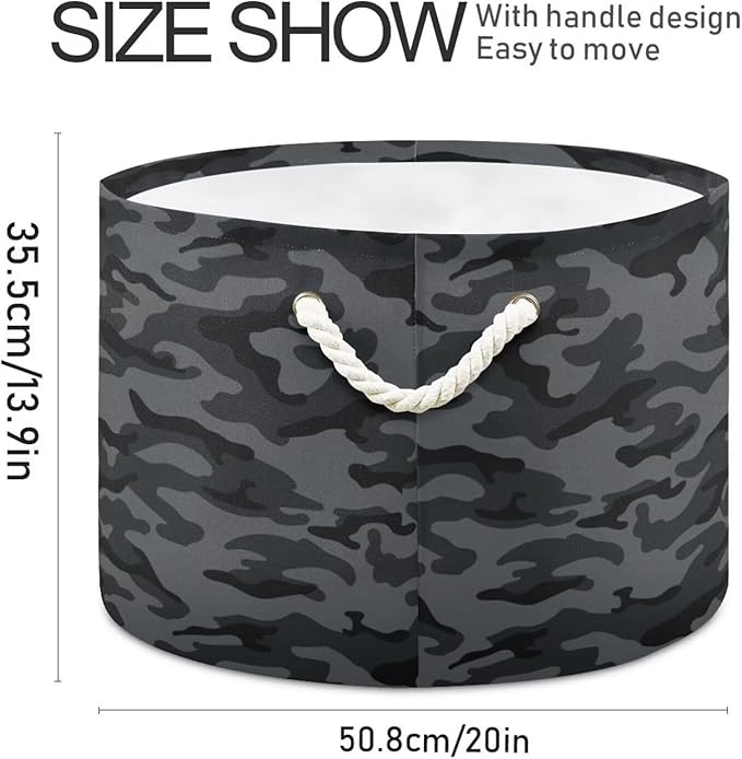 Black Gray Camo Print Round Storage Basket Military Camouflage Large Laundry Hamper 20 x 20 x 14 Inches Organizer Bin with Handles Clothes Storage Bag for Nursery Bedroom Living Room Decor